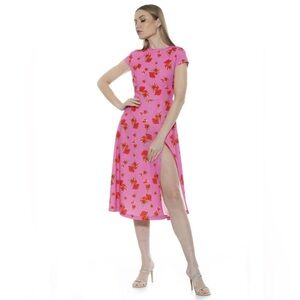 Alexia Admor Floral Crew Neckline Short Cap Sleeves Midi Length Dress Side Slit